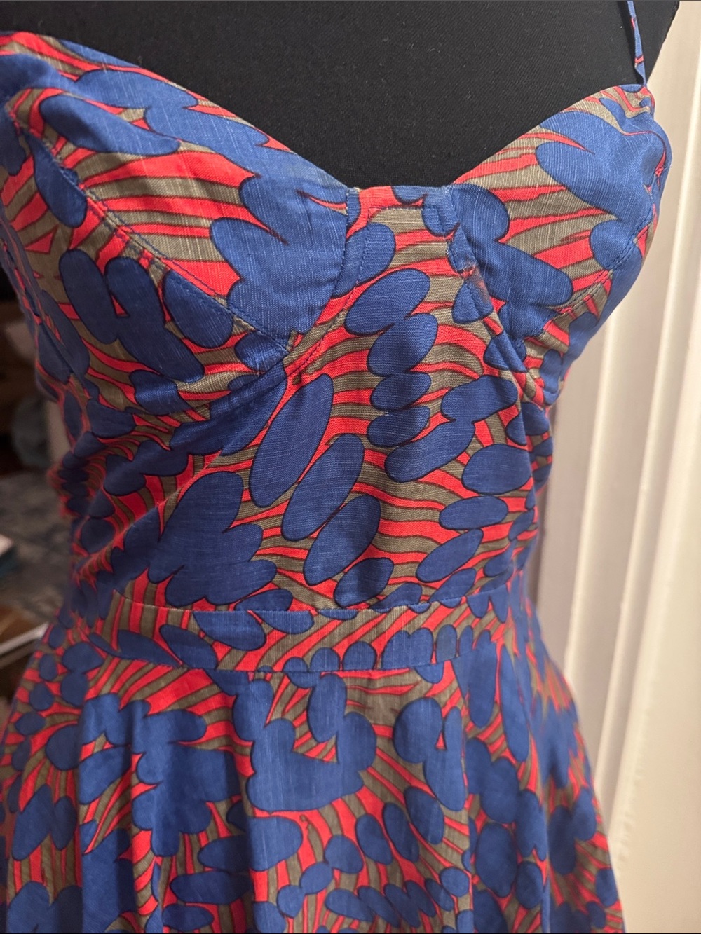 Rachel Comey Blue and Red Printed Spaghetti-Strap Mini Dress